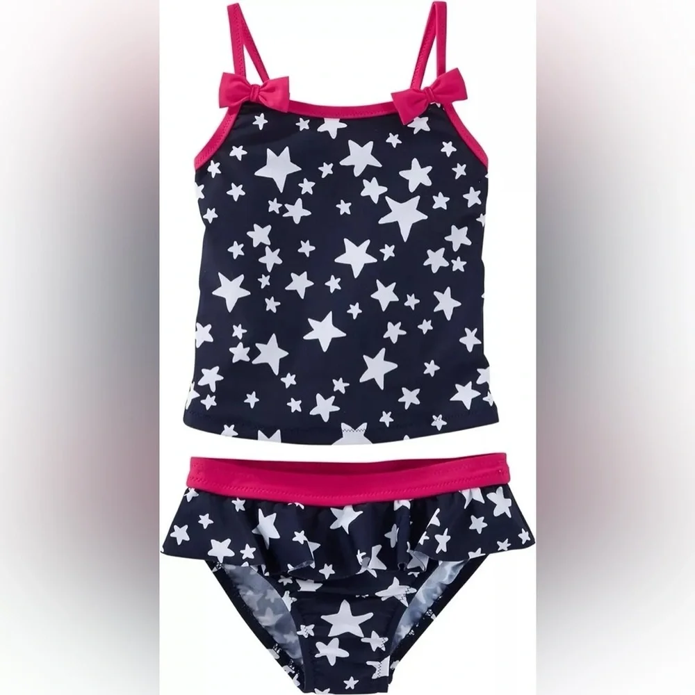 Baby Girl Star Print Patriotic Tankini Set with Pink Accents 12 Months